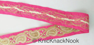 Pink Lace Trim With Floral Zardozi Hand Embroidery And White Beads & Indian Stones Kundan Embellishment, Approx. 40mm, Decorative Trim